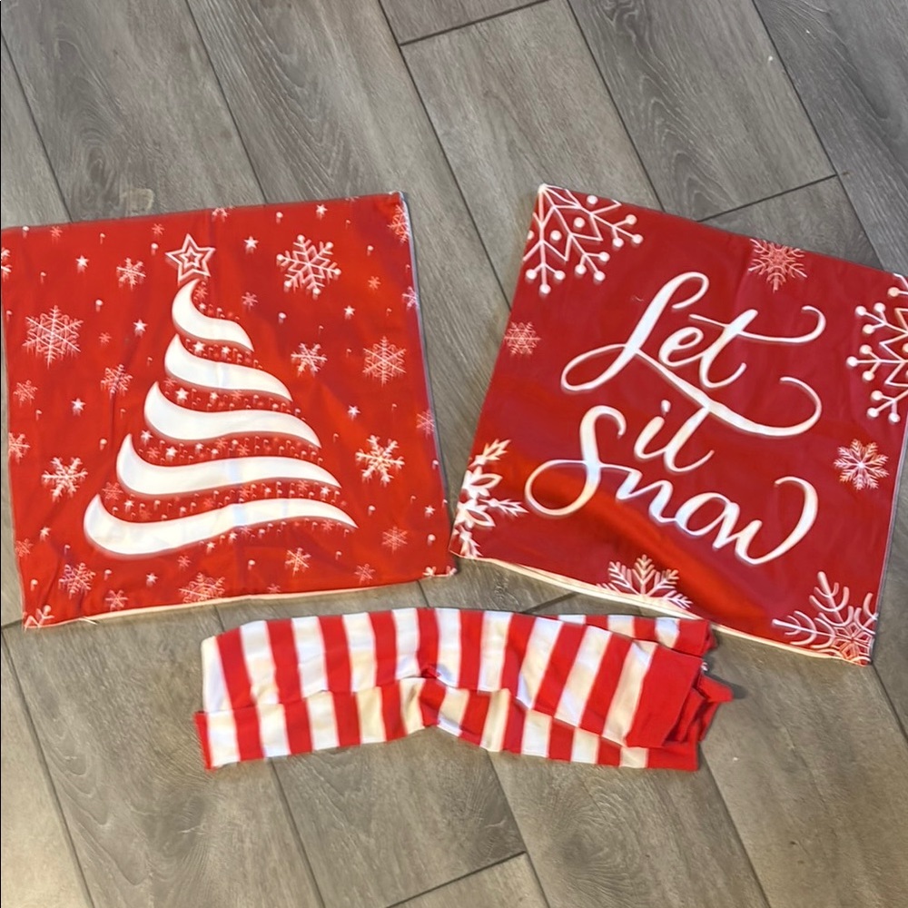 Festive Red Holiday Pillow Covers Set with matching woman’s medium holiday hose